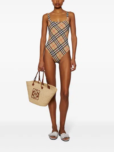 Burberry Women Nylon One-piece Swimsuit With Check Print In Neutral