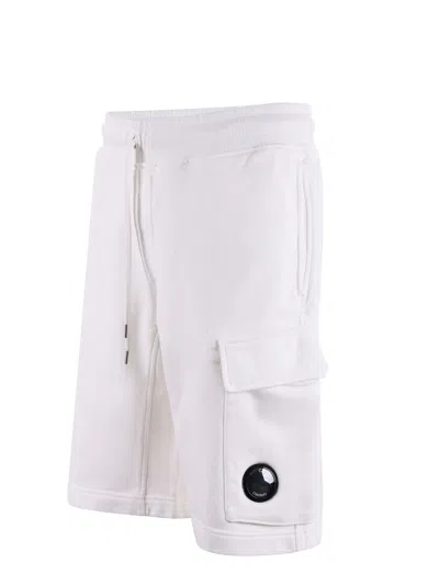 C.p. Company Cargo Shorts In Lightweight Brushed Cotton Fleece In White