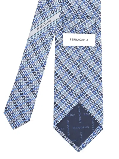 Ferragamo Gancini Chain Print Silk Tie Ties And Bow Ties Blue In Blue