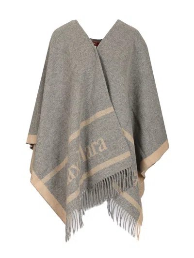 Max Mara Jacquard Wool Poncho Coats Grey In Gray