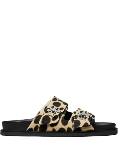 Tory Burch Round Toe Double Strap Animal Print Sandals In Multi