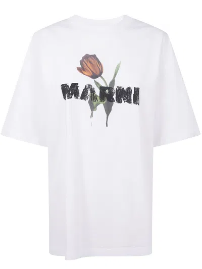 Marni White Cotton T-shirt With Tulip Print Women In White
