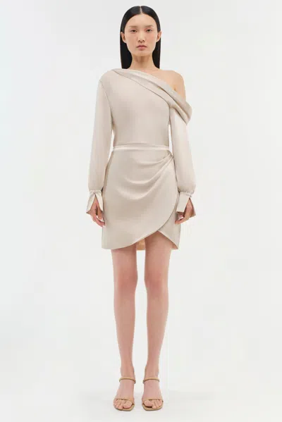 Simkhai Cameron One-shoulder Wrap-skirt Satin Mini Dress In Neutral