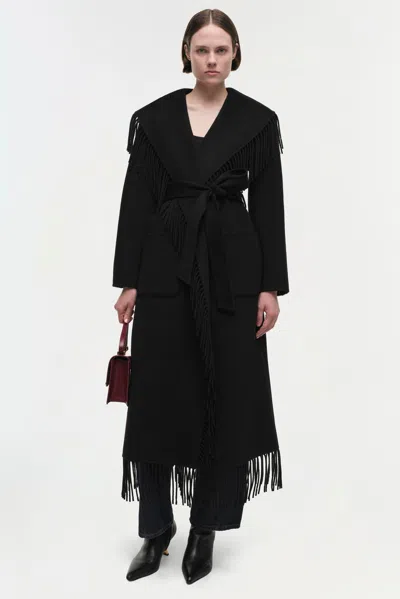 Simkhai Womens Black Carrie Fringe-trim Wool-blend Robe Coat