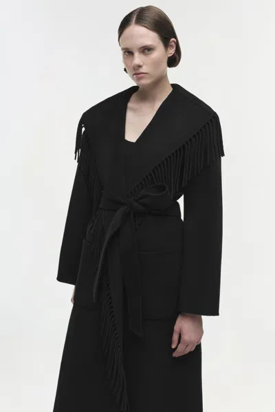 Simkhai Womens Black Carrie Fringe-trim Wool-blend Robe Coat