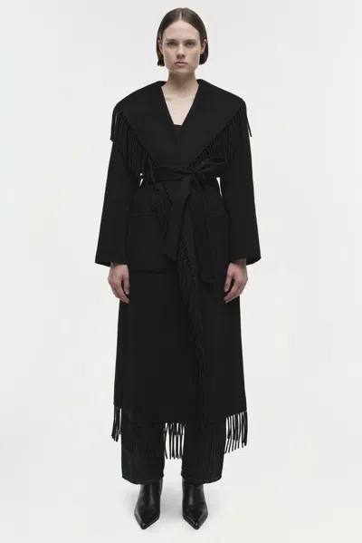 Simkhai Womens Black Carrie Fringe-trim Wool-blend Robe Coat