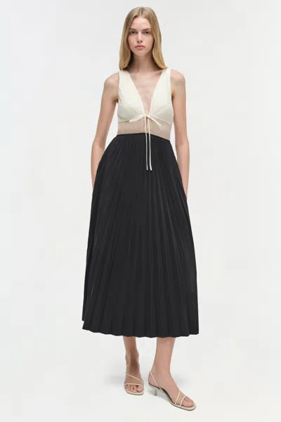 Simkhai Women's V-neck Stephanie Pleated Poplin Midi Dress In Black/multi