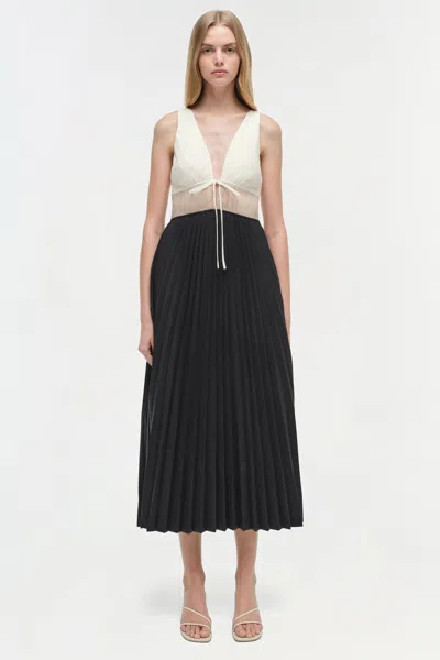 Simkhai Women's V-neck Stephanie Pleated Poplin Midi Dress In Black/multi