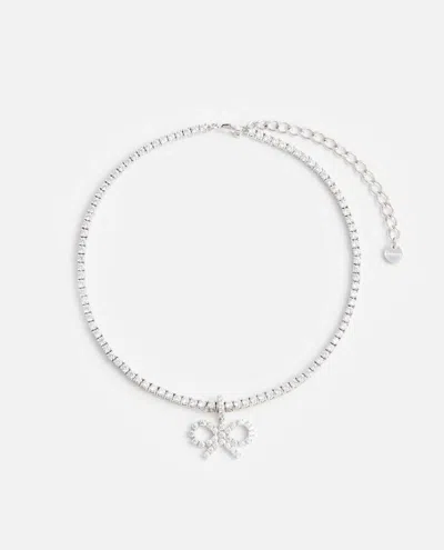 Self-portrait Crystal Bow Tennis Necklace In Metallic