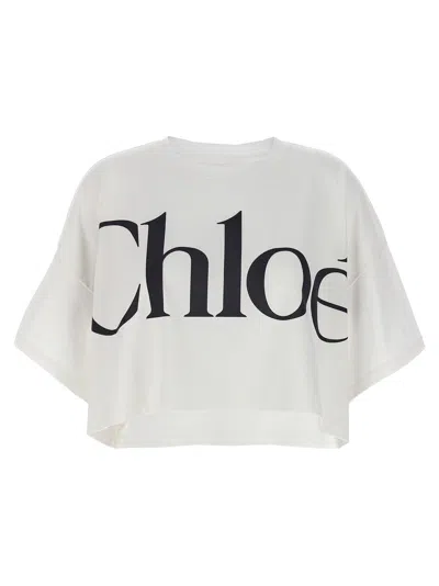 Chloé White Cropped T-shirt With Logo Lettering Print In Cotton Woman In White