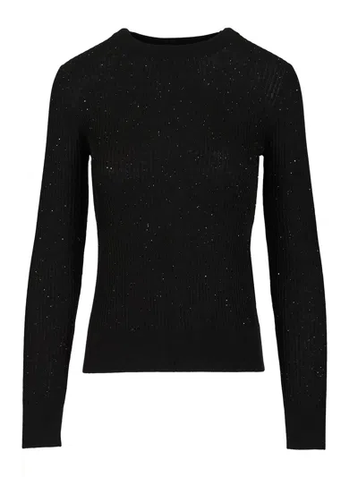 Max Mara Marabu Pailletes Ribbed Wool-silk Crewneck Knitwear Black In Black