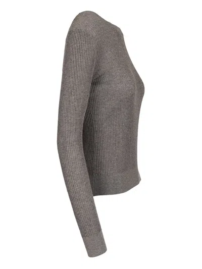 Max Mara Marabu Pailletes Ribbed Wool-silk Crewneck Knitwear Grey In Gray