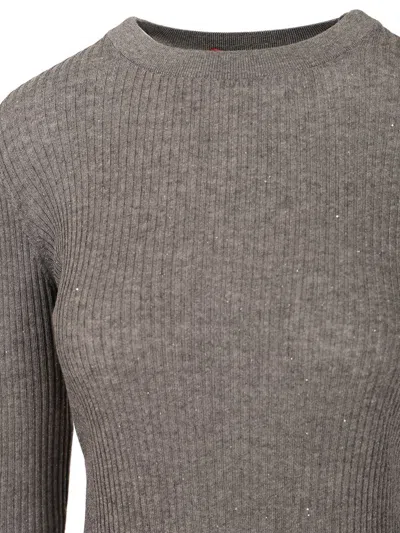 Max Mara Marabu Pailletes Ribbed Wool-silk Crewneck Knitwear Grey In Gray