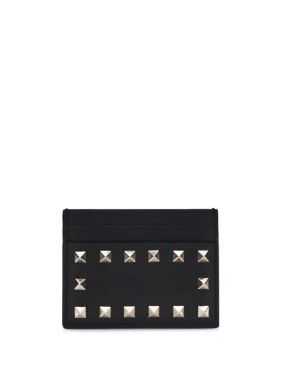Valentino Rockstud Grainy Leather Card Holder In Black