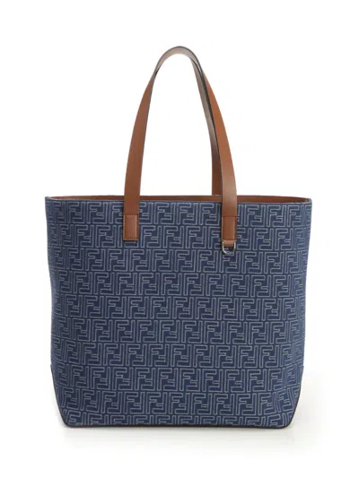 Fendi Men Blue Shopper With Long Handles And All Over Ff Motif In Cotton Man In Blue