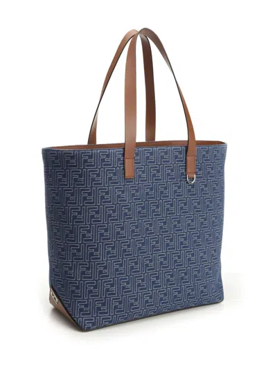 Fendi Men Blue Shopper With Long Handles And All Over Ff Motif In Cotton Man In Blue