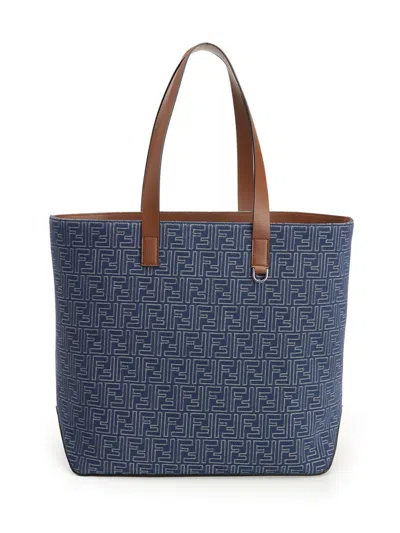 Fendi Men Blue Shopper With Long Handles And All Over Ff Motif In Cotton Man In Blue