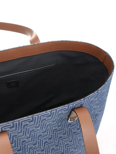 Fendi Men Blue Shopper With Long Handles And All Over Ff Motif In Cotton Man In Blue