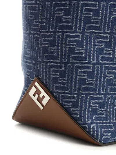 Fendi Men Blue Shopper With Long Handles And All Over Ff Motif In Cotton Man In Blue