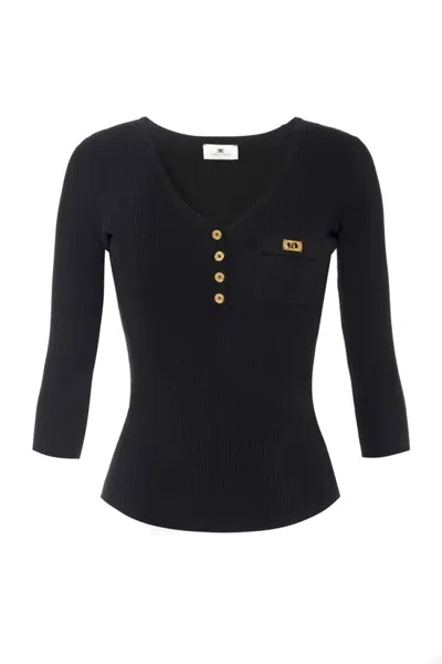 Elisabetta Franchi Micro Ribbed Sweater With Pocket In Black