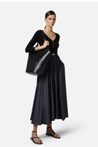 Elisabetta Franchi Micro Ribbed Sweater With Pocket In Black