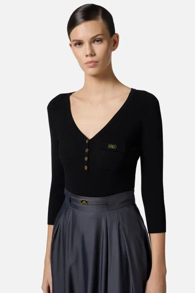 Elisabetta Franchi Micro Ribbed Sweater With Pocket In Black