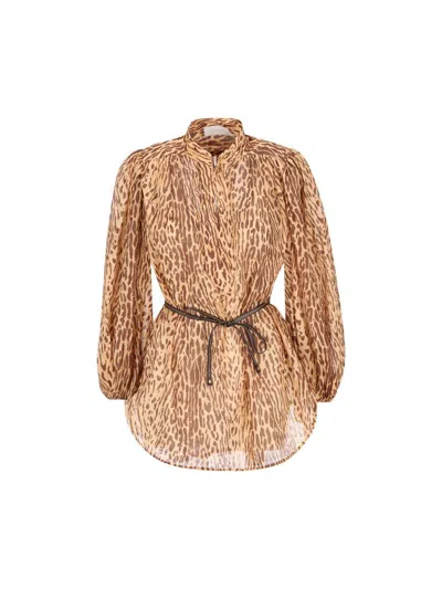 Zimmermann Cascadian Beige Tunic Dress With Stand-up Collar And All-over Leopard Print In Linen Woman In Neutral