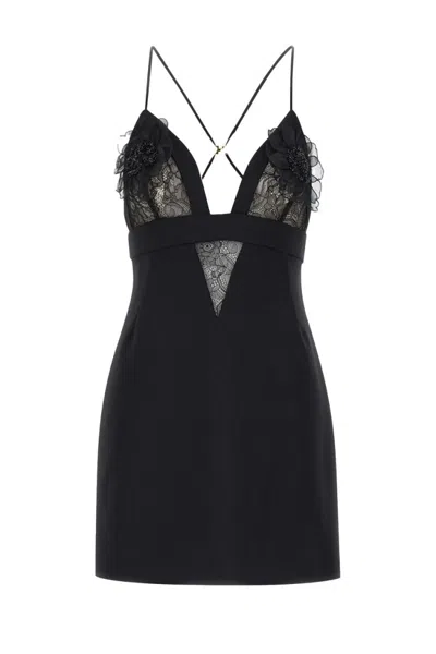 Elisabetta Franchi Plunging Neckline Mini Dress With Lace Detailing And Floral Embellishments In Black