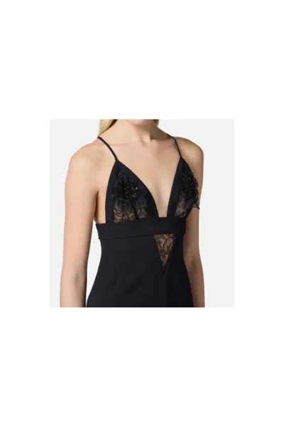 Elisabetta Franchi Plunging Neckline Mini Dress With Lace Detailing And Floral Embellishments In Black