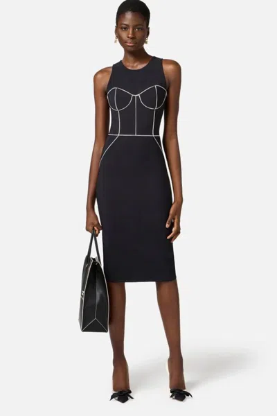 Elisabetta Franchi Fitted Midi Dress With Structured Bodice In Black