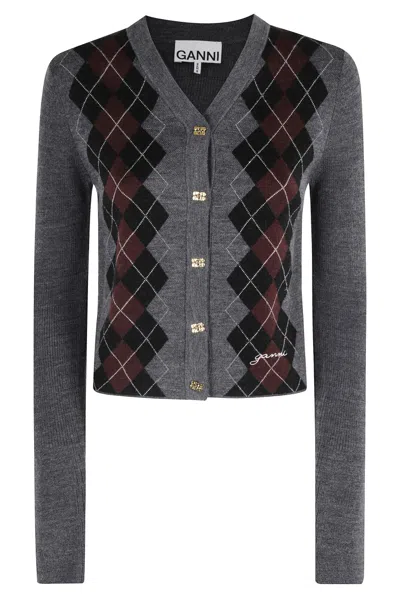 Ganni Grey Sweater With Classic Collar And Check Motif On The Front In Wool Woman