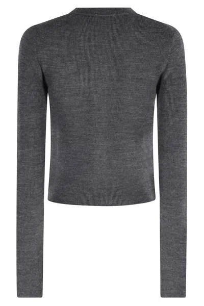 Ganni Grey Sweater With Classic Collar And Check Motif On The Front In Wool Woman