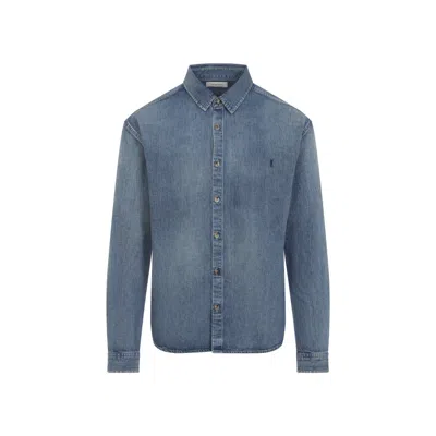 Saint Laurent Blue Long Sleeves Logo Denim Shirt In Blue