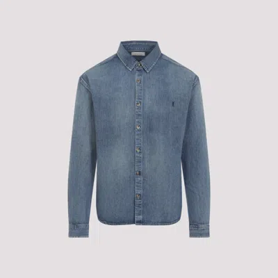 Saint Laurent Blue Long Sleeves Logo Denim Shirt In Blue