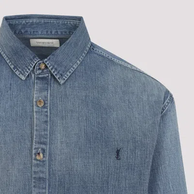 Saint Laurent Blue Long Sleeves Logo Denim Shirt In Blue