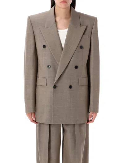 Saint Laurent Double-breasted Wool Jacket With Peak Lapel In Brown