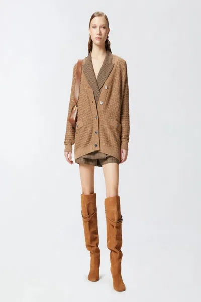 Pinko Textured Knit Sweater With Deep V-neckline In Brown