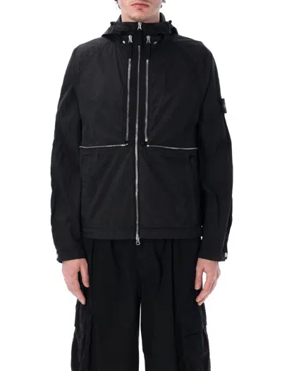 Stone Island Hooded Nylon Jacket Adjustable Drawstring In Black