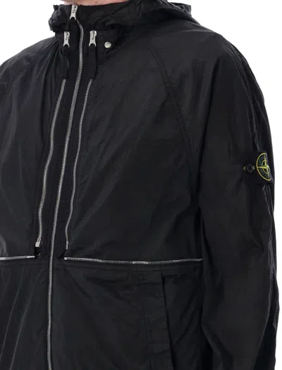 Stone Island Hooded Nylon Jacket Adjustable Drawstring In Black