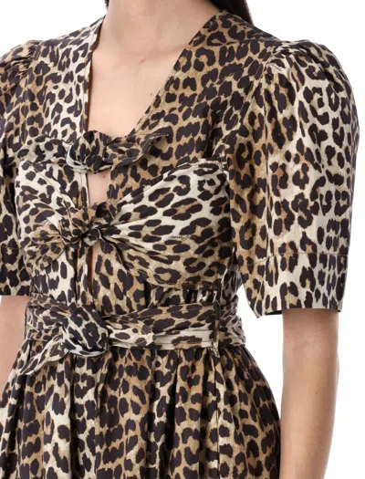 Ganni Belted Bow-embellished Leopard-print Cotton-poplin Midi Dress In Green