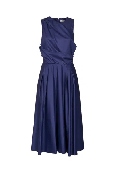 Elisabetta Franchi Waist Fitted Midi Pleated Round Sleeveless In Blue
