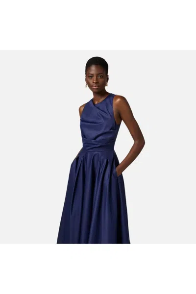 Elisabetta Franchi Waist Fitted Midi Pleated Round Sleeveless In Blue