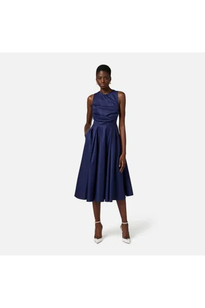 Elisabetta Franchi Waist Fitted Midi Pleated Round Sleeveless In Blue