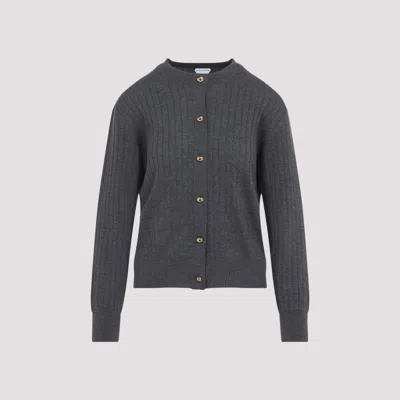Bottega Veneta Grey Crewneck Cardigan With Knot Buttons Closure And Ribbed Knit In Wool Woman