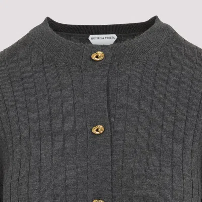 Bottega Veneta Grey Crewneck Cardigan With Knot Buttons Closure And Ribbed Knit In Wool Woman