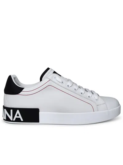 Dolce & Gabbana Portofino Leather Sneakers With Rubberized Logo Shoes In Gray