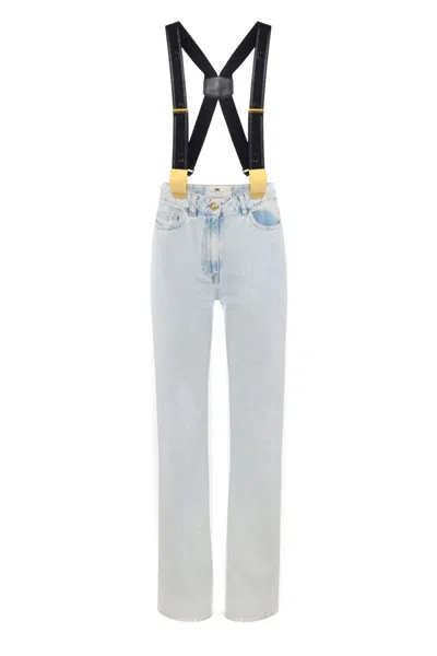 Elisabetta Franchi High-waisted Light Wash Jeans With Suspenders In Blue