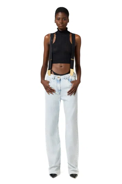 Elisabetta Franchi High-waisted Light Wash Jeans With Suspenders In Blue