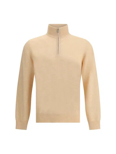 Brunello Cucinelli High-necked Cashmere Sweater With Zip Opening In Neutral