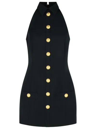 Balmain Black Dress With Pointed Collar And Logo Buttons On The Front